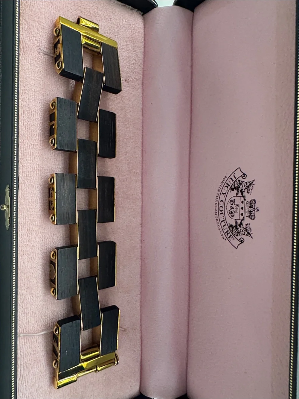 Juicy Couture Black and Gold Link Bracelet in Presentation Case